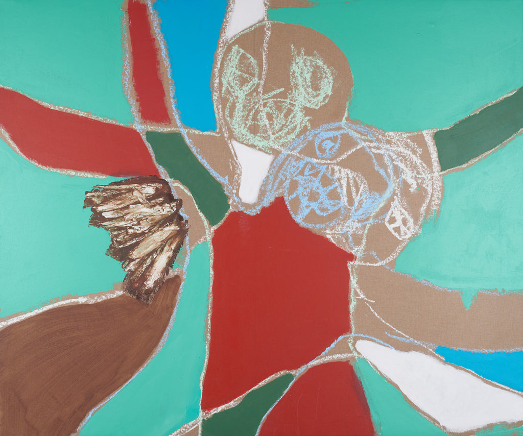 "Fractal Human — original acrylic painting by Lara Granqvist. Three intertwined figures exploring fractal geometry, identity and the vibrant complexity of the Ego. One of a kind, 100 x 120 cm."