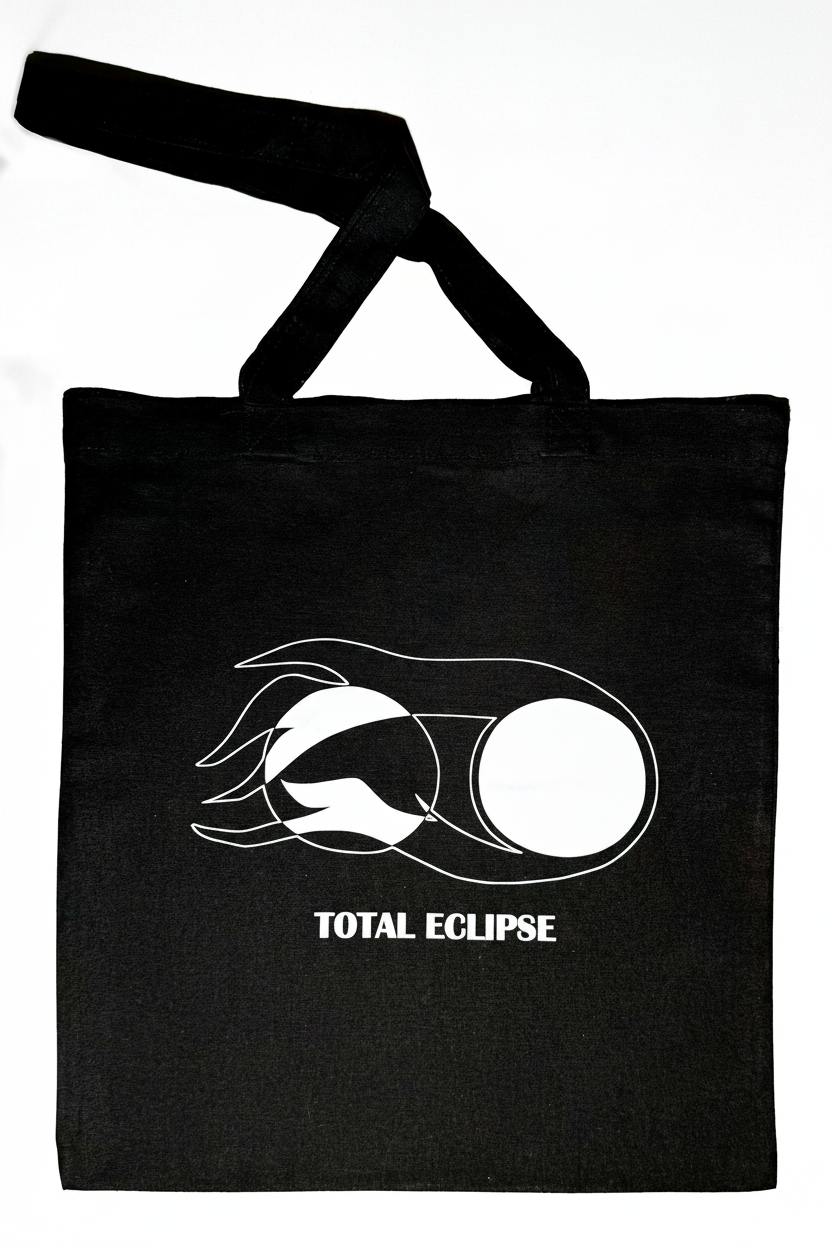 "Heliophagos Tote Bag — limited edition cotton tote by LKG Fashion. Inspired by the Total Eclipse 2026. Edition of 34, no re-runs. 38 × 42 cm."