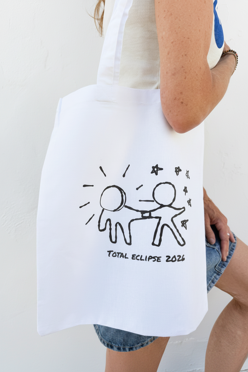 "Krypto Helios Tote Bag — limited edition cotton tote by LKG Fashion. Inspired by the Total Eclipse 2026. Edition of 23, no re-runs. 38 × 42 cm."